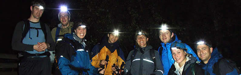 Headtorches on for the evening descent from the summit of Scafell Pike